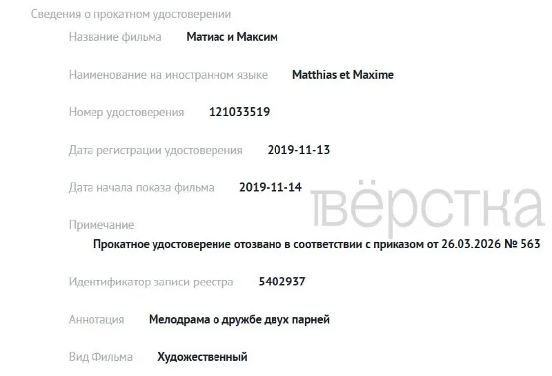 С 1 марта ведомство лишило удостоверений три зарубежные картины с ЛГБТ‑темами и четыре российских фильма; мотивы отзыва в реестре не раскрываются.
