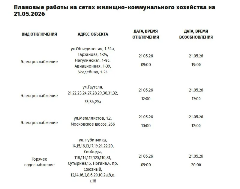 Из‑за плановых работ на сетях ЖКХ 21 мая отключат электроэнергию в поселке Нагулино и на отдельных улицах Сормовского и Московского районов; в некоторых домах Сормова также временно приостановят подачу горячей воды.