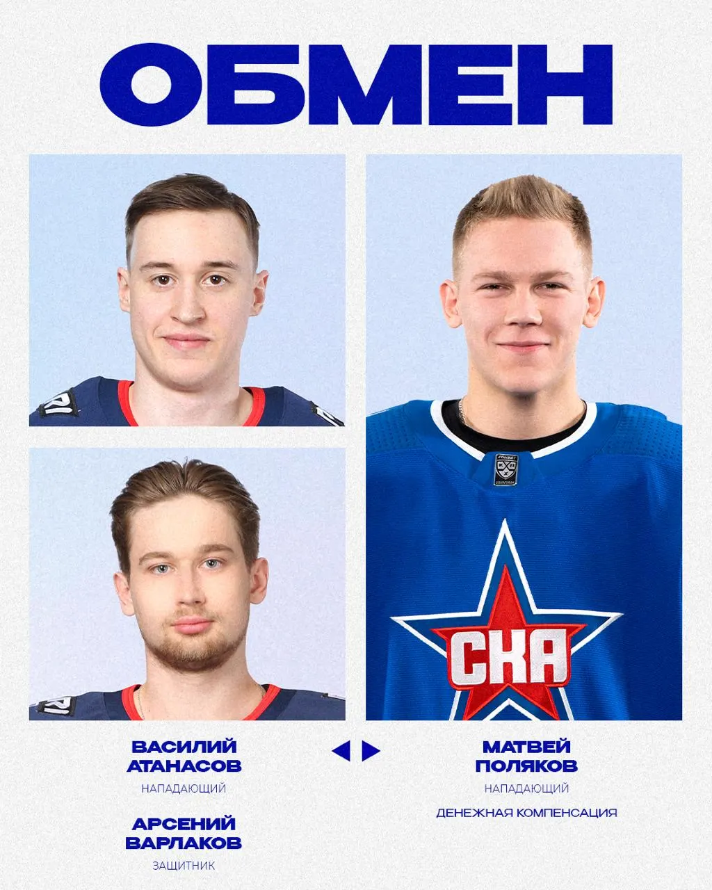 Хоккейный клуб провёл обмен со СКА: из команды уходят нападающий Василий Атанасов и защитник Арсений Варлаков, а в Нижний Новгород прибывает 21‑летний форвард Матвей Поляков.