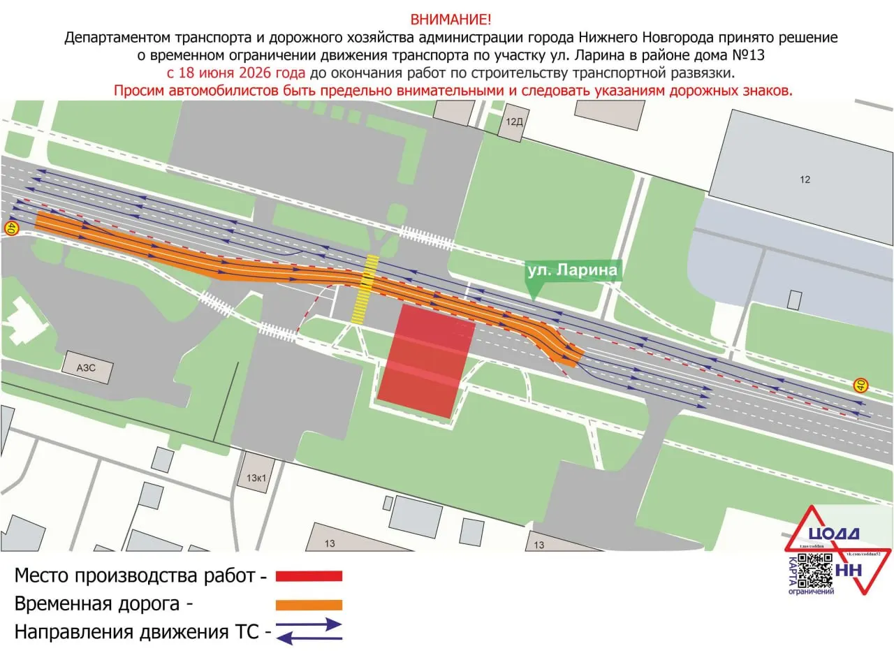 Участок у дома №13 временно сужен: ведутся работы по переустройству инженерных сетей и возведению развязки, которая войдёт в дублёр проспекта Гагарина — первую платную дорогу в Нижнем Новгороде.