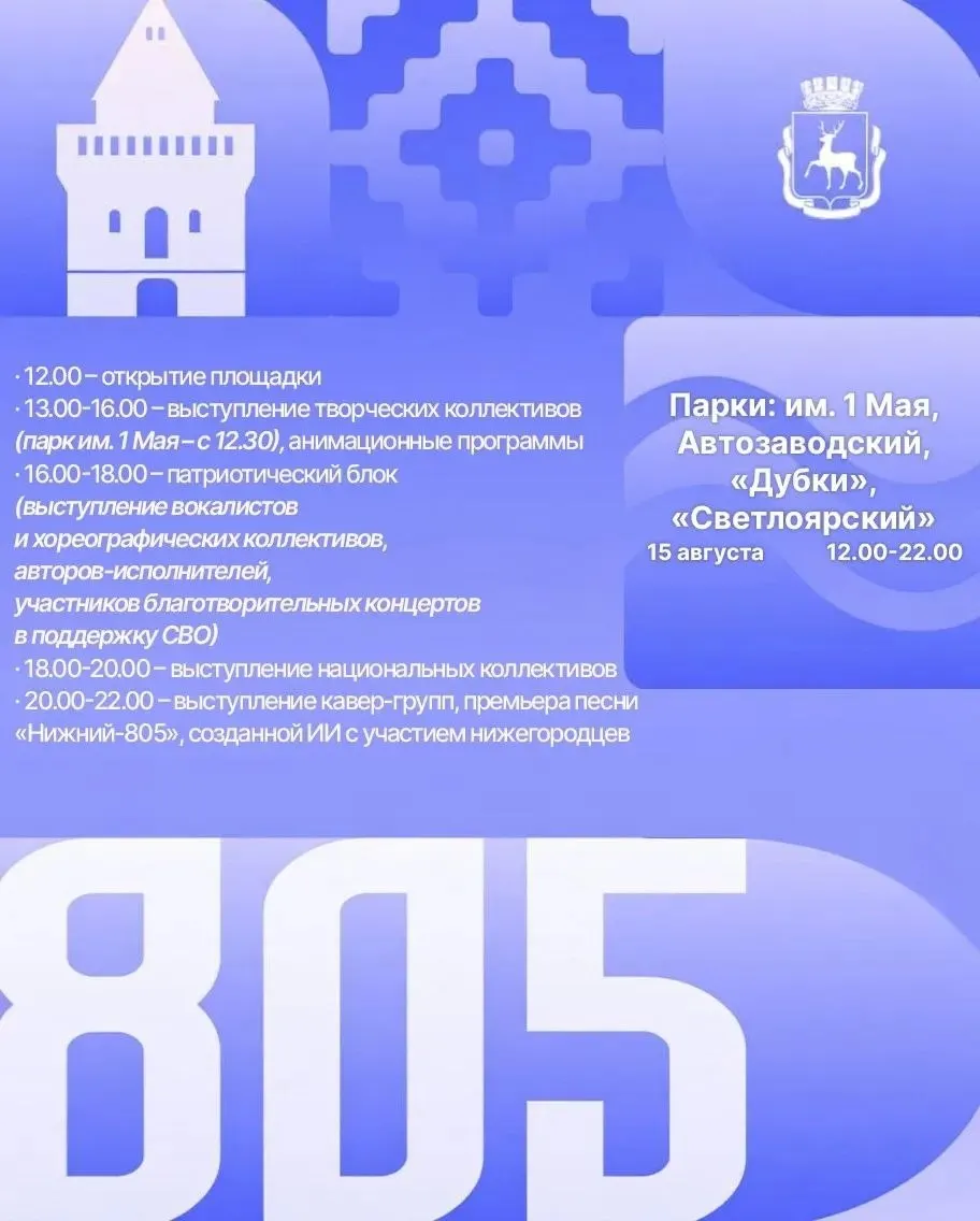 Праздник в этом году пройдет на шести городских площадках с умеренным составом участников; основная сцена — на площади Минина, дополнительные площадки в парках.