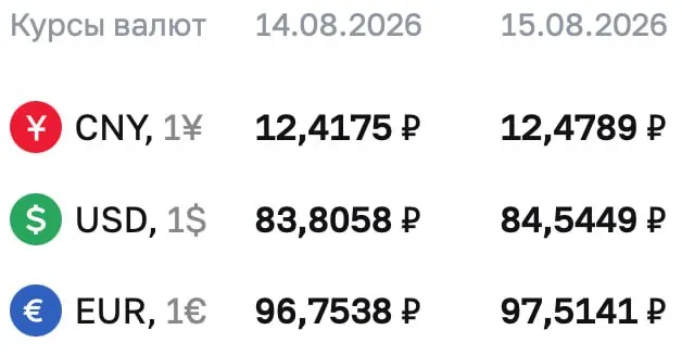 Доллар достиг отметки 84,5449 ₽, евро — 97,5141 ₽, юань — 12,4789 ₽ на выходные и понедельник, 17 августа. Официальные курсы также указывают на расчеты по ряду инструментов, включая облигации и фьючерсы на доллар и евро.