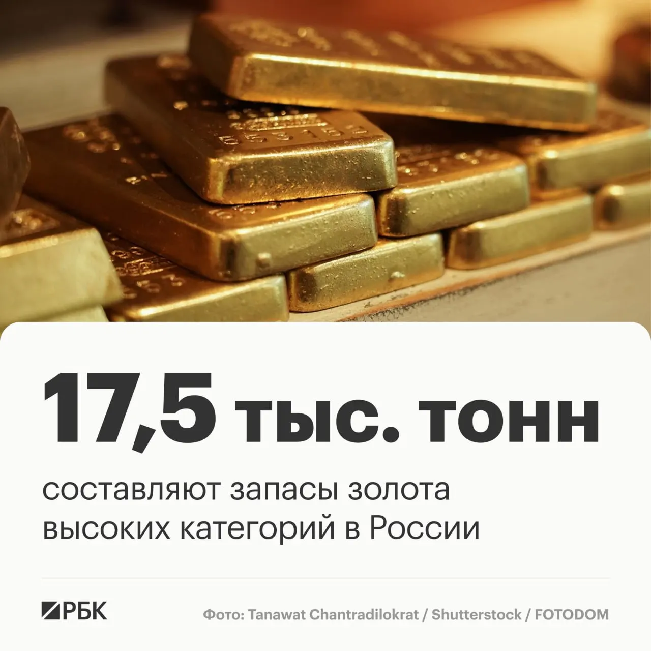 Запасы золота в России оцениваются примерно в 17,5 тысяч тонн, что обеспечивает стране лидерство на мировом рынке примерно три десятилетия при текущей добыче. Россия занимает третье место в мире по запасам золота и второе — по добыче.