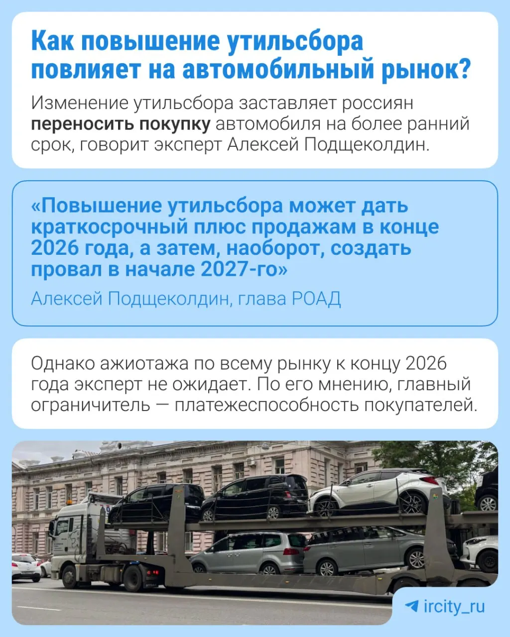 С 1 января 2027 года утильсбор вырастет на 10–20% в зависимости от типа техники. Это часть долгосрочной индексации, утверждённой в 2024 году.